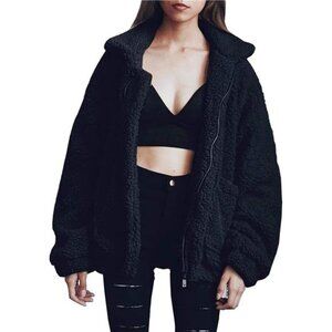 Women's Sherpa Fleece Faux Fur Trendy Jackets Black